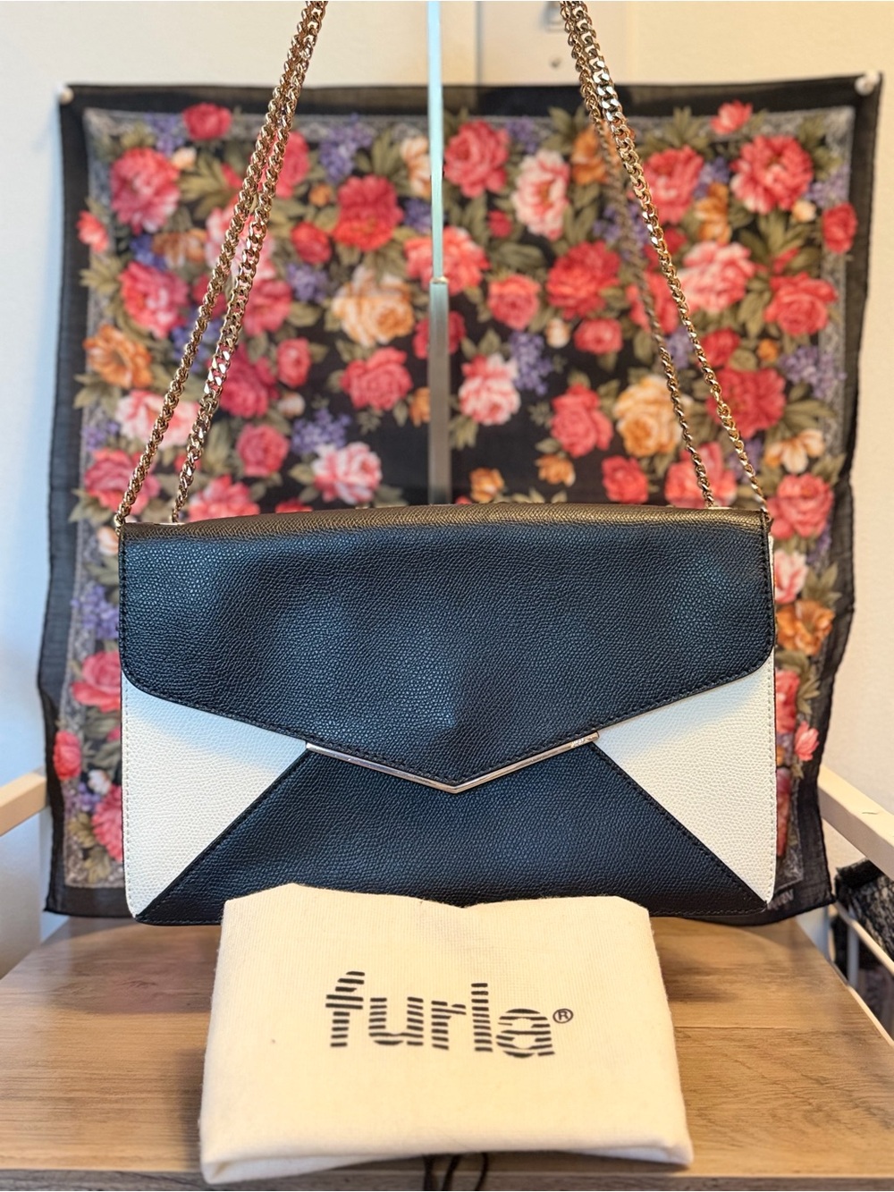 Furla Black and White Leather Envelope Shoulder Bag with Gold Chain